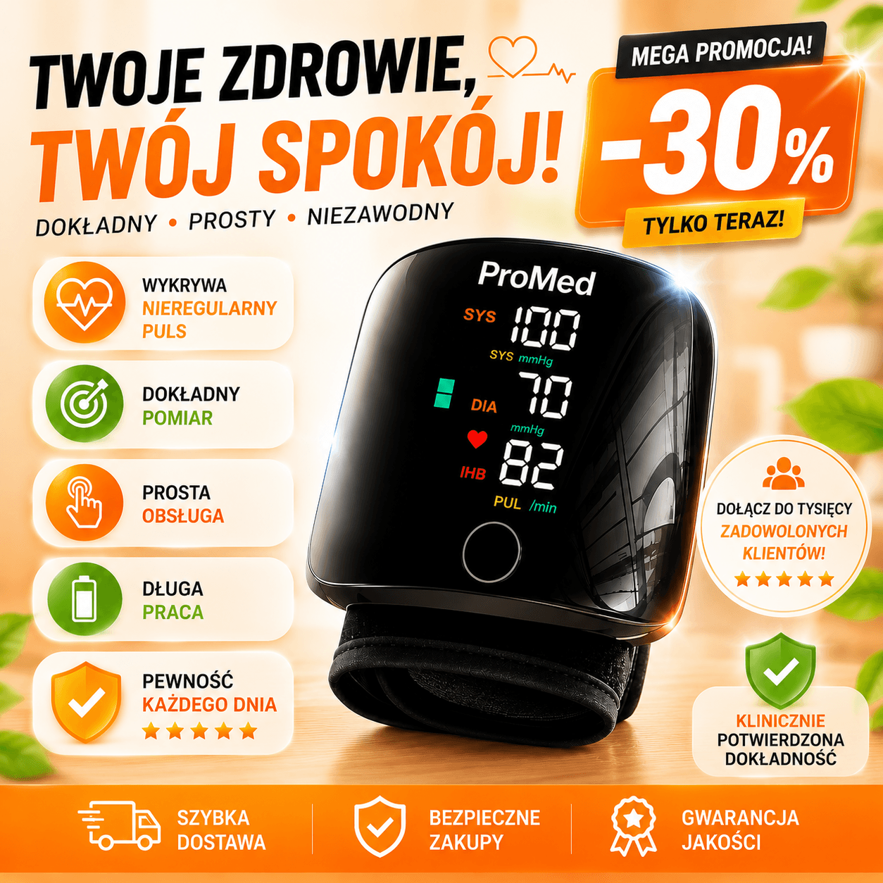 🩺 PROMED Ciśnieniomierz Nadgarstkowy – Pomiar Tętna, Arytmii i Ciśnienia Krwi